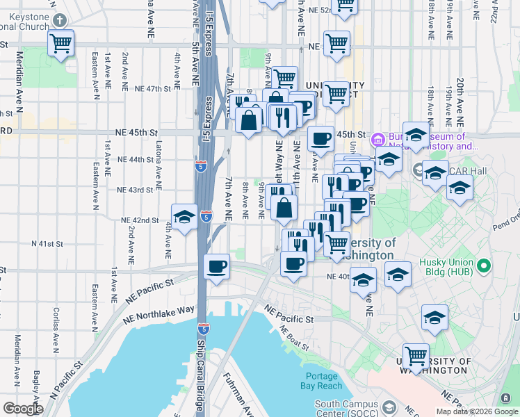 map of restaurants, bars, coffee shops, grocery stores, and more near 4217a 9th Avenue Northeast in Seattle
