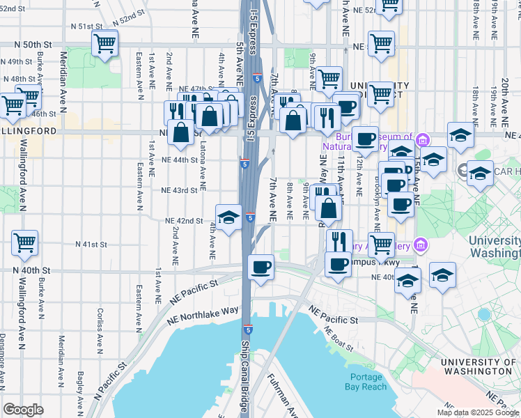 map of restaurants, bars, coffee shops, grocery stores, and more near 4216 Pasadena Place Northeast in Seattle