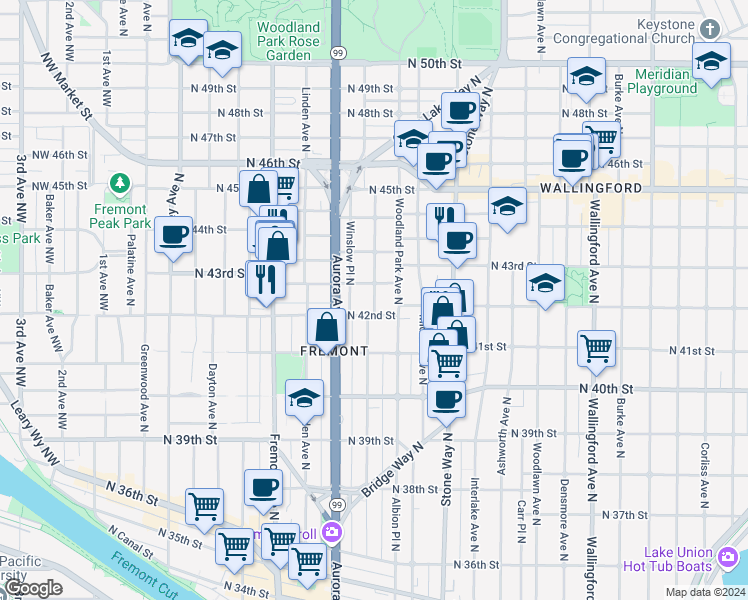 map of restaurants, bars, coffee shops, grocery stores, and more near 4207 Whitman Avenue North in Seattle