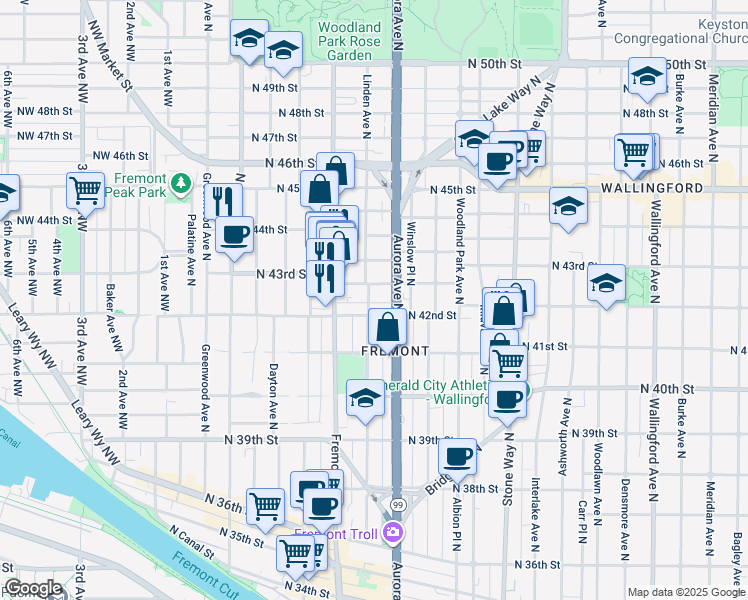 map of restaurants, bars, coffee shops, grocery stores, and more near 722 North 42nd Street in Seattle