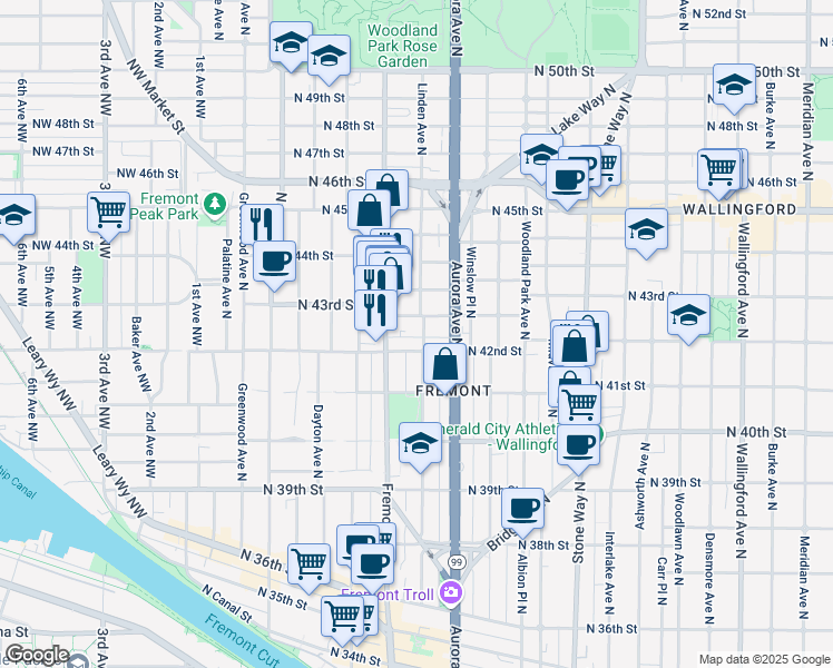 map of restaurants, bars, coffee shops, grocery stores, and more near 722 North 42nd Street in Seattle
