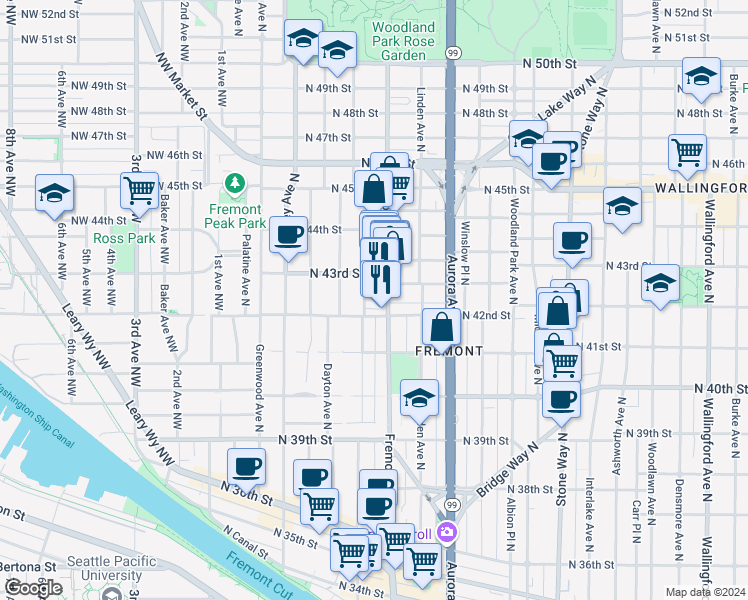 map of restaurants, bars, coffee shops, grocery stores, and more near in Seattle