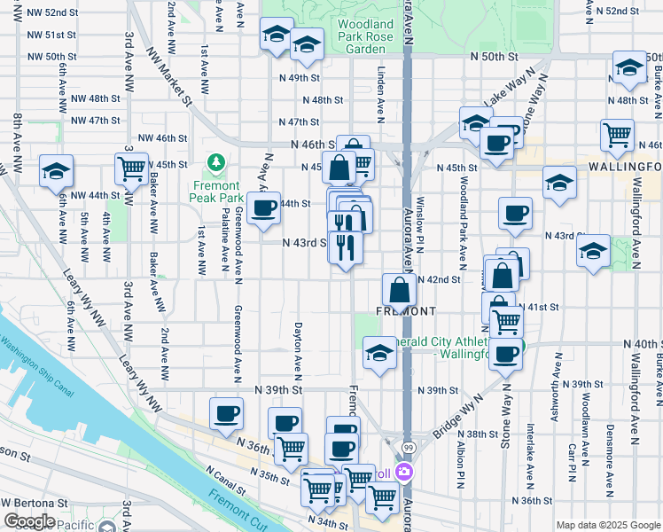 map of restaurants, bars, coffee shops, grocery stores, and more near in Seattle