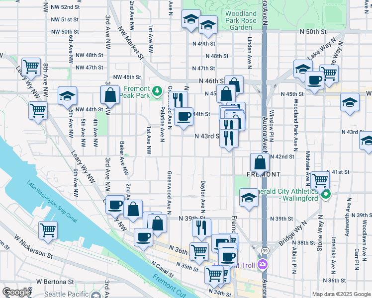 map of restaurants, bars, coffee shops, grocery stores, and more near 4205 Francis Avenue North in Seattle