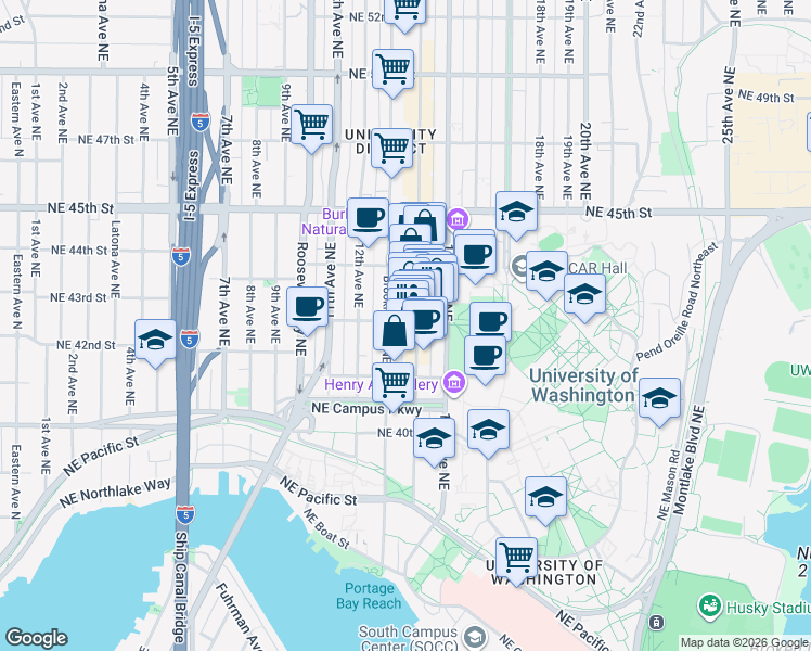 map of restaurants, bars, coffee shops, grocery stores, and more near 1313 Northeast 42nd Street in Seattle