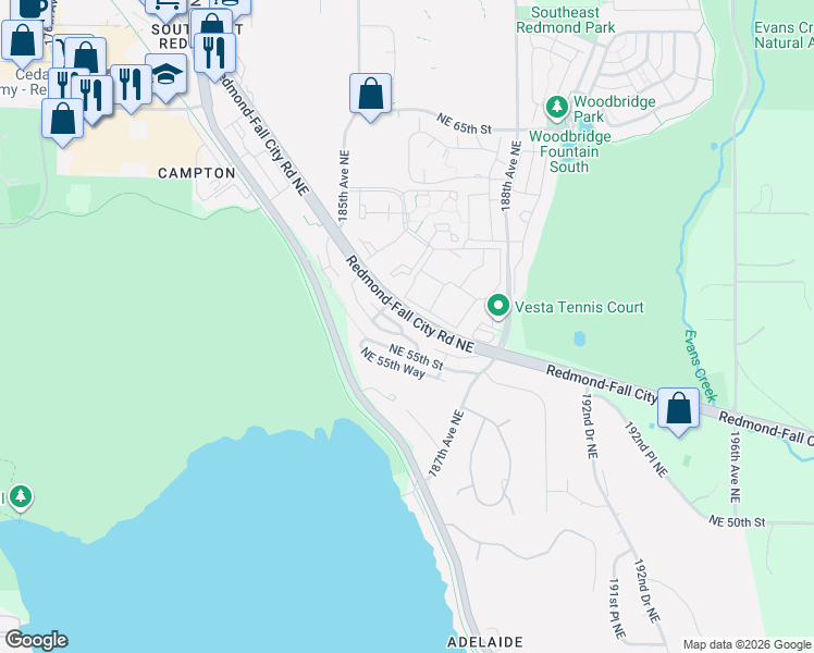 map of restaurants, bars, coffee shops, grocery stores, and more near 18676 Northeast 56th Court in Redmond