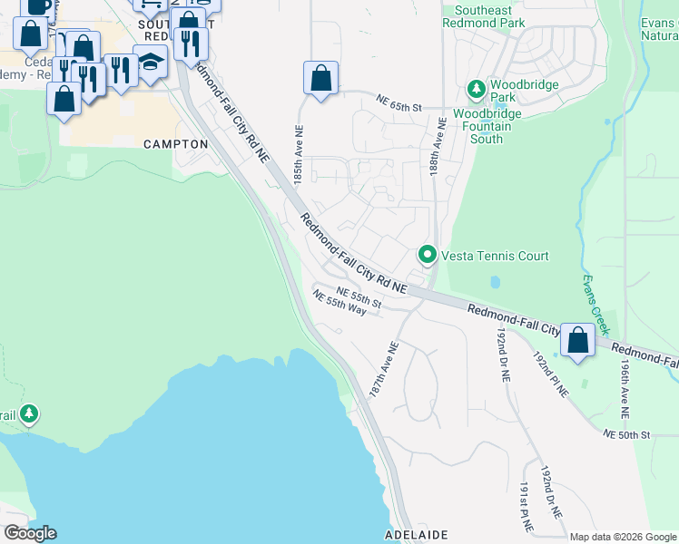 map of restaurants, bars, coffee shops, grocery stores, and more near 18544 Northeast 57th Street in Redmond