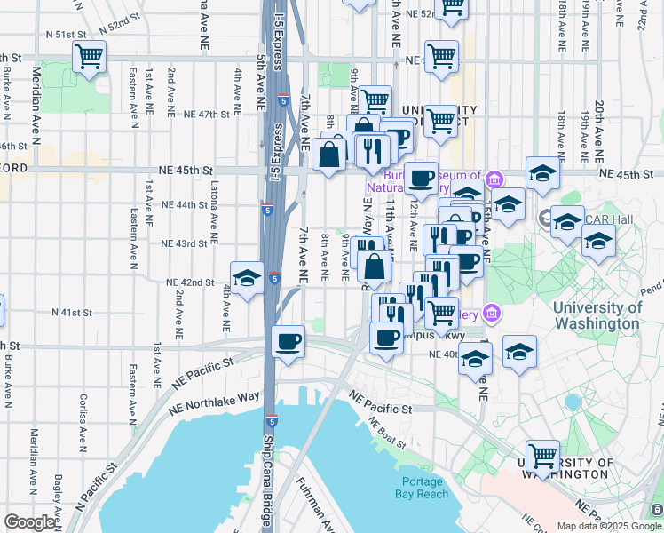 map of restaurants, bars, coffee shops, grocery stores, and more near 4217a 9th Avenue Northeast in Seattle