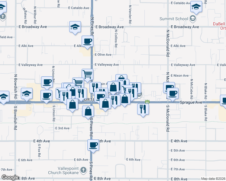 map of restaurants, bars, coffee shops, grocery stores, and more near 102 North Houk Road in Spokane Valley