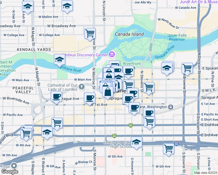 map of restaurants, bars, coffee shops, grocery stores, and more near 818 West Riverside Avenue in Spokane
