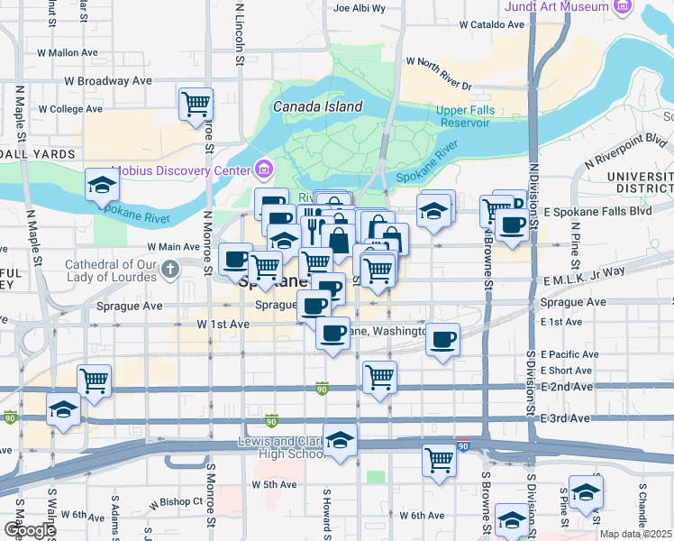 map of restaurants, bars, coffee shops, grocery stores, and more near in Spokane