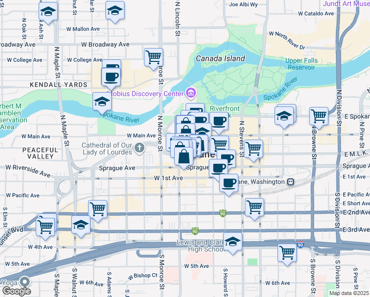 map of restaurants, bars, coffee shops, grocery stores, and more near 818 West Riverside Avenue in Spokane