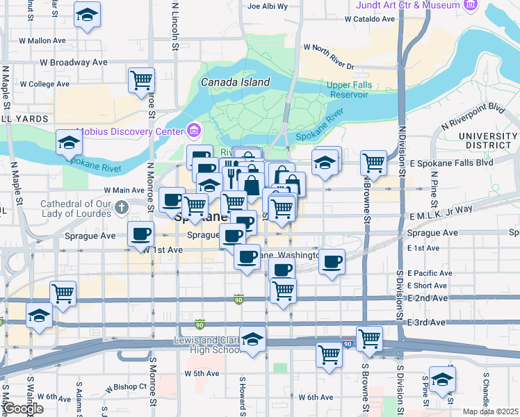 map of restaurants, bars, coffee shops, grocery stores, and more near in Spokane
