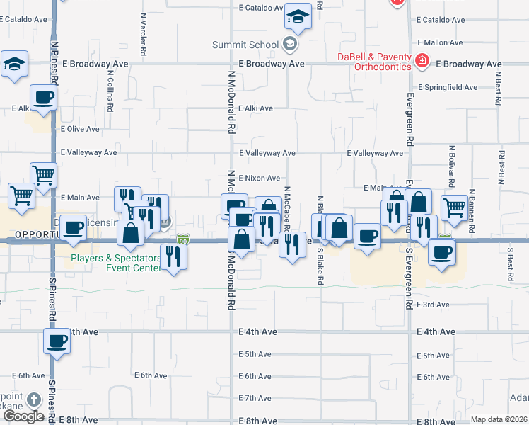 map of restaurants, bars, coffee shops, grocery stores, and more near 102 North Clinton Road in Spokane Valley