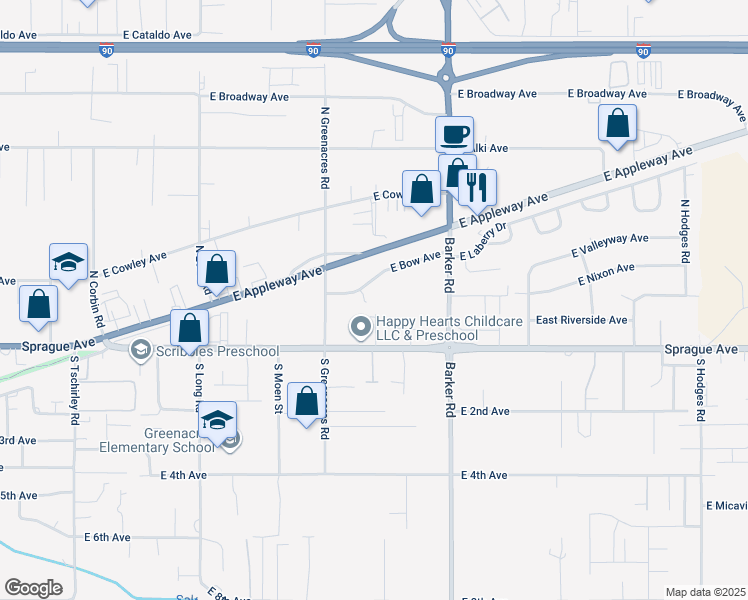 map of restaurants, bars, coffee shops, grocery stores, and more near 120 North Greenacres Road in Spokane Valley
