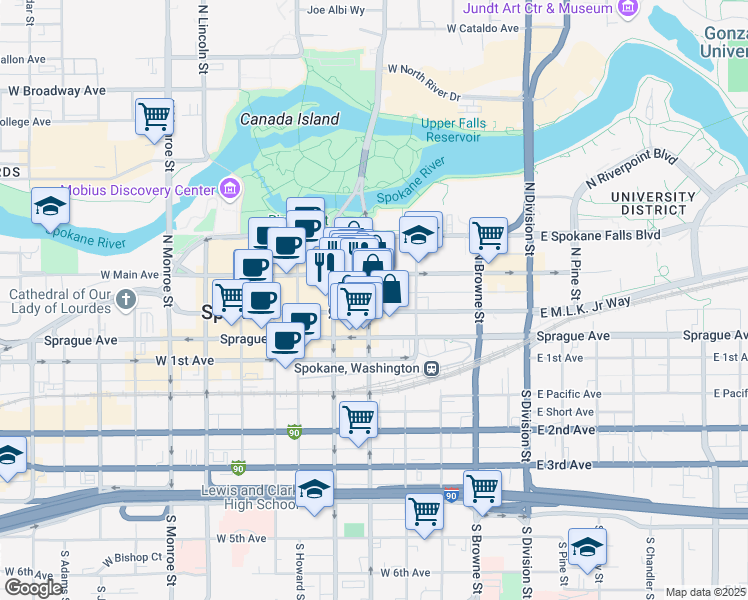 map of restaurants, bars, coffee shops, grocery stores, and more near in Spokane