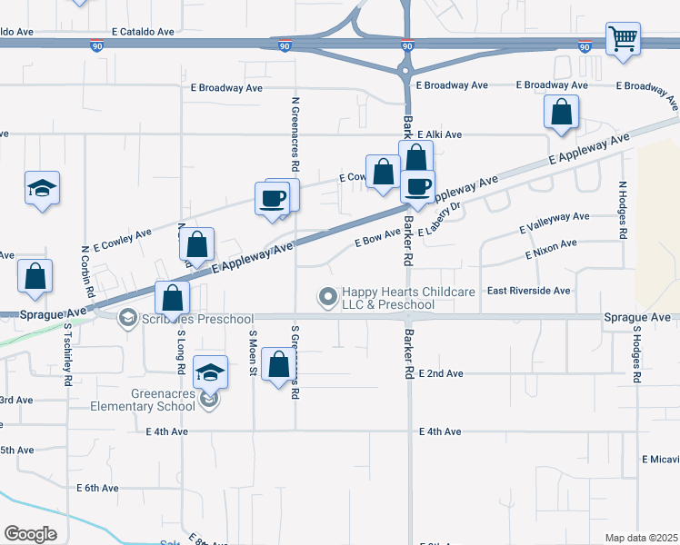 map of restaurants, bars, coffee shops, grocery stores, and more near 120 North Greenacres Road in Spokane Valley