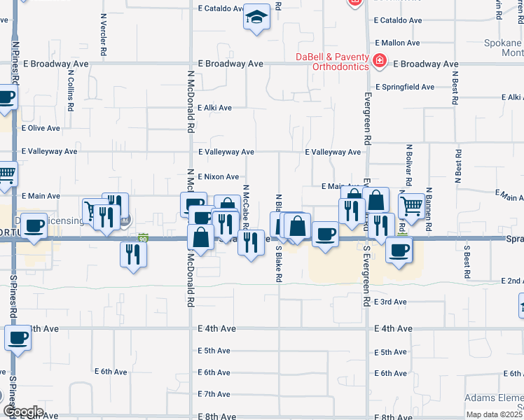 map of restaurants, bars, coffee shops, grocery stores, and more near 102 North McCabe Road in Spokane Valley