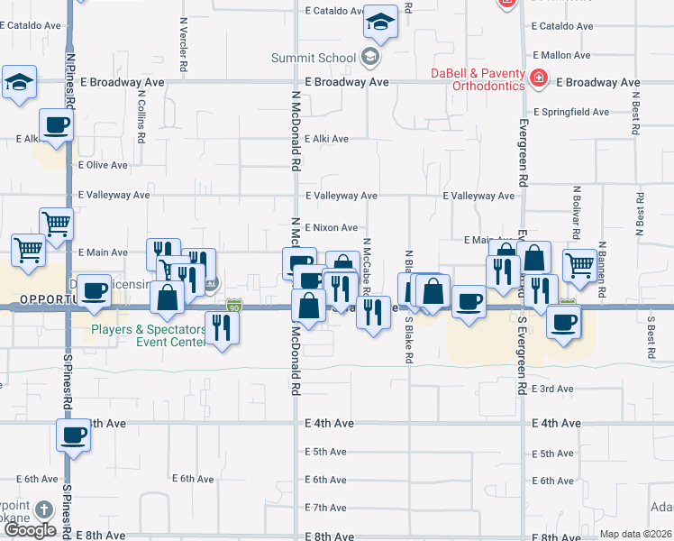 map of restaurants, bars, coffee shops, grocery stores, and more near 102 North Clinton Road in Spokane Valley