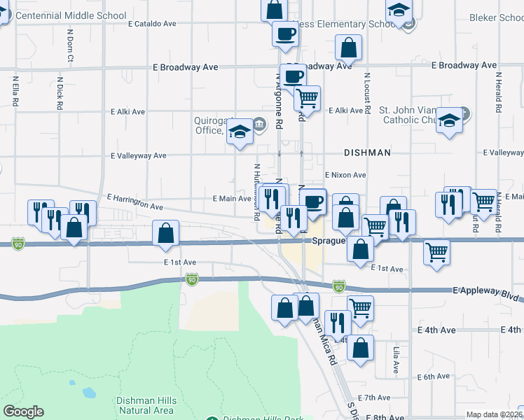map of restaurants, bars, coffee shops, grocery stores, and more near 101 North Argonne Road in Spokane Valley
