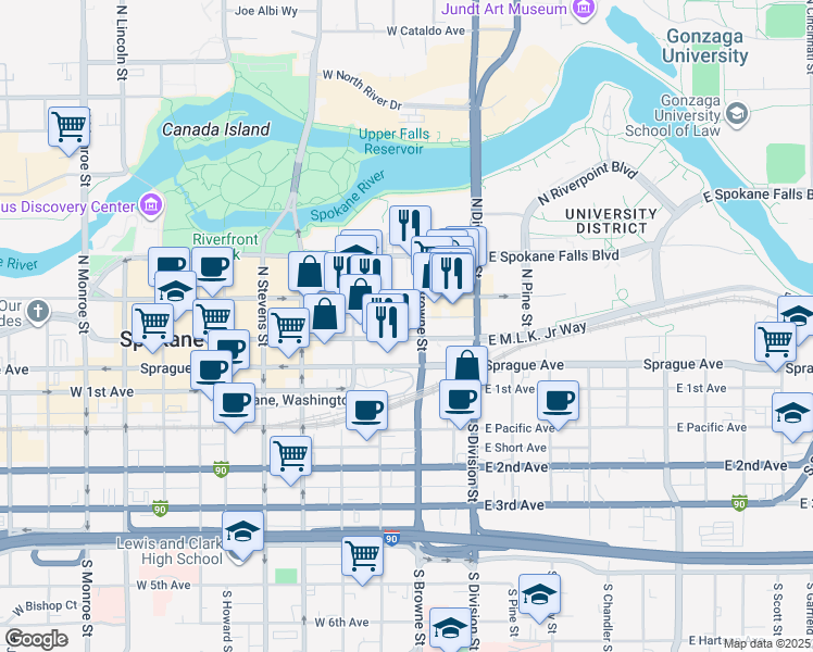 map of restaurants, bars, coffee shops, grocery stores, and more near 224 West Riverside Avenue in Spokane