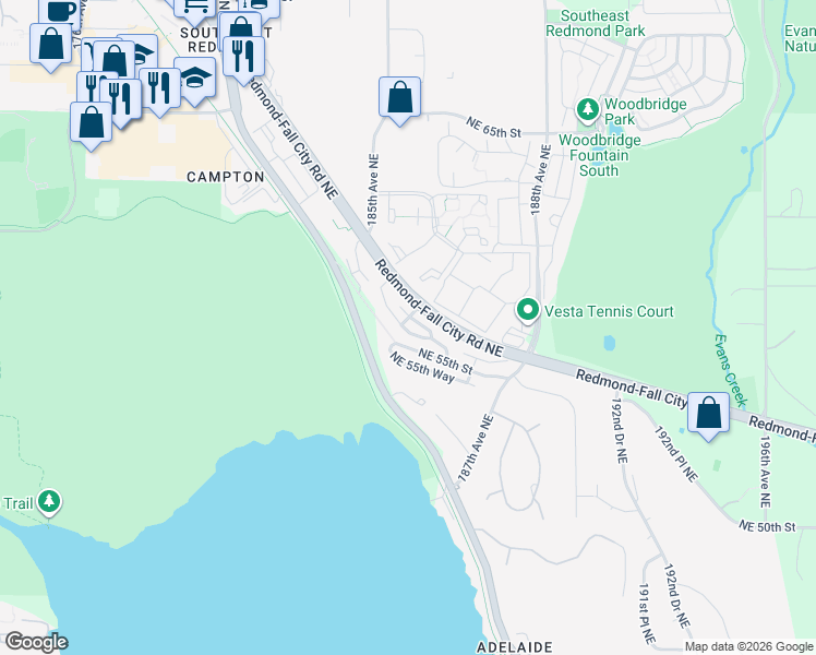 map of restaurants, bars, coffee shops, grocery stores, and more near 18617 Northeast 57th Street in Redmond