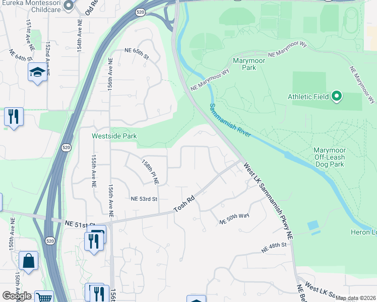 map of restaurants, bars, coffee shops, grocery stores, and more near 5607 161st Place Northeast in Redmond