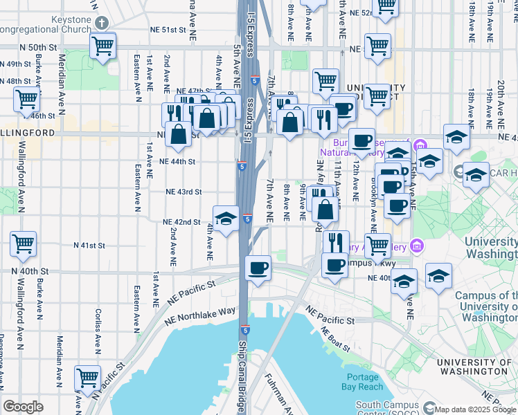 map of restaurants, bars, coffee shops, grocery stores, and more near 4216 Pasadena Place Northeast in Seattle