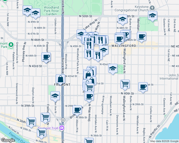 map of restaurants, bars, coffee shops, grocery stores, and more near 4140 Midvale Avenue North in Seattle