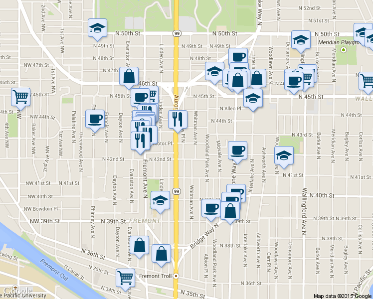 map of restaurants, bars, coffee shops, grocery stores, and more near 4207 Whitman Avenue North in Seattle