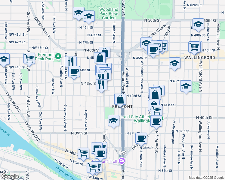 map of restaurants, bars, coffee shops, grocery stores, and more near 722 North 42nd Street in Seattle