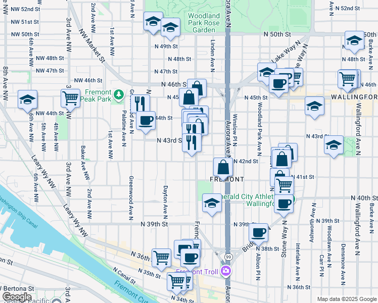 map of restaurants, bars, coffee shops, grocery stores, and more near in Seattle