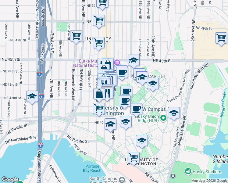 map of restaurants, bars, coffee shops, grocery stores, and more near 15th Avenue Northeast & Northeast 42nd Street in Seattle