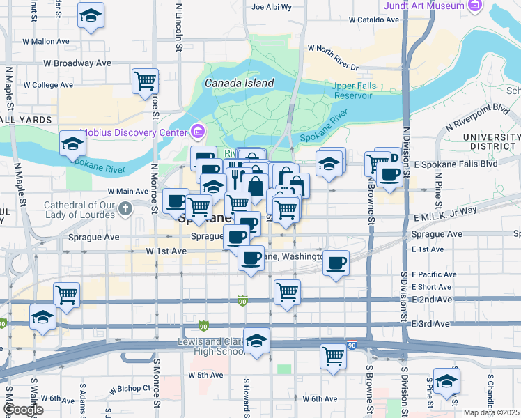 map of restaurants, bars, coffee shops, grocery stores, and more near in Spokane