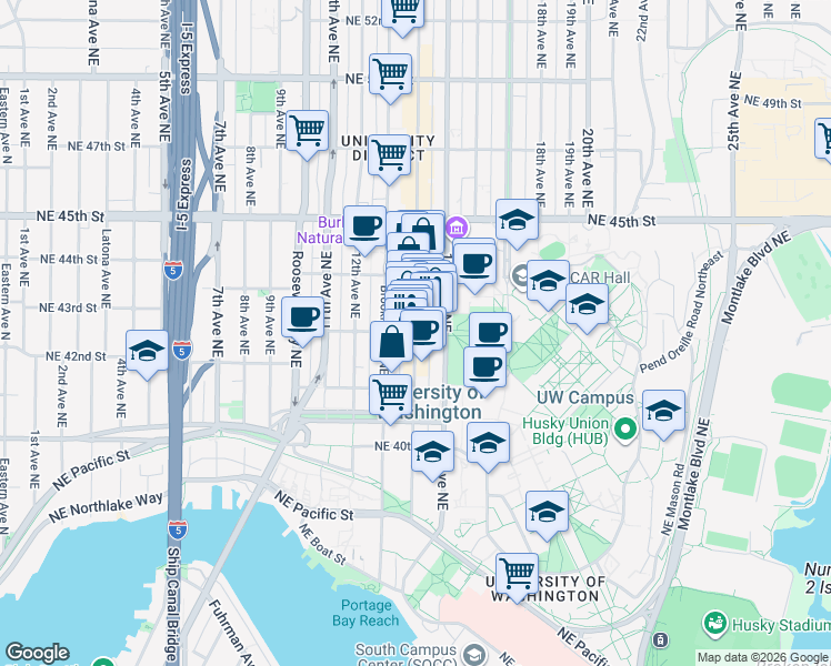map of restaurants, bars, coffee shops, grocery stores, and more near NE 42nd St & University Way NE in Seattle