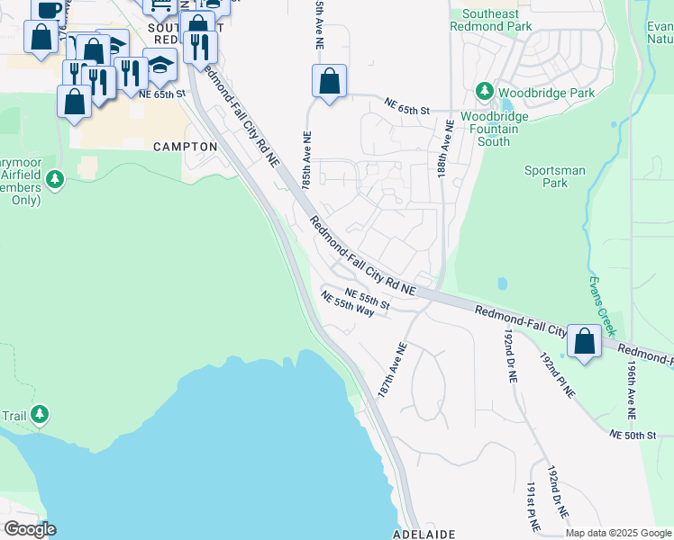 map of restaurants, bars, coffee shops, grocery stores, and more near 18606 Northeast 57th Street in Redmond