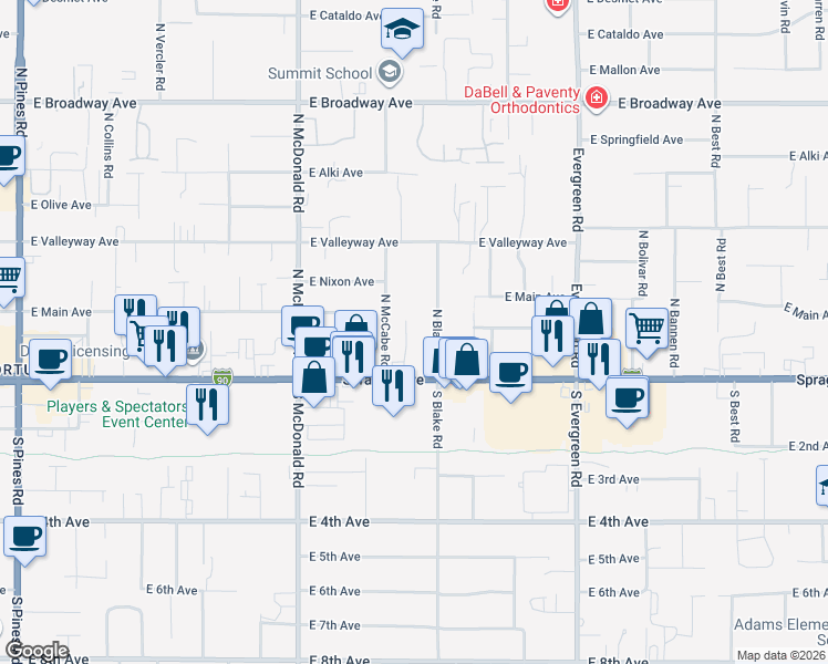 map of restaurants, bars, coffee shops, grocery stores, and more near 13405 East Sprague Avenue in Spokane Valley