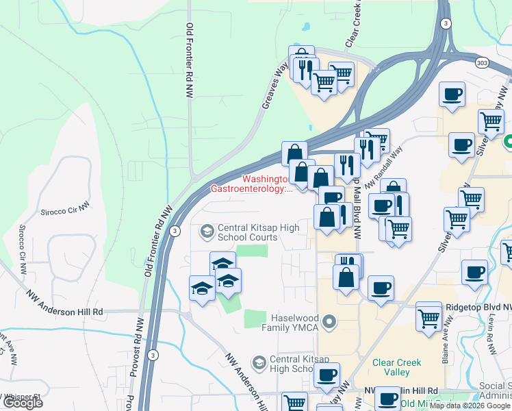 map of restaurants, bars, coffee shops, grocery stores, and more near 3729 Northwest Highland Court in Silverdale
