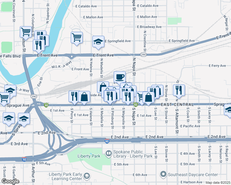 map of restaurants, bars, coffee shops, grocery stores, and more near 1802 East Riverside Avenue in Spokane