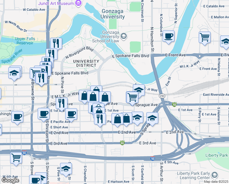 map of restaurants, bars, coffee shops, grocery stores, and more near 12 North Sheridan Street in Spokane