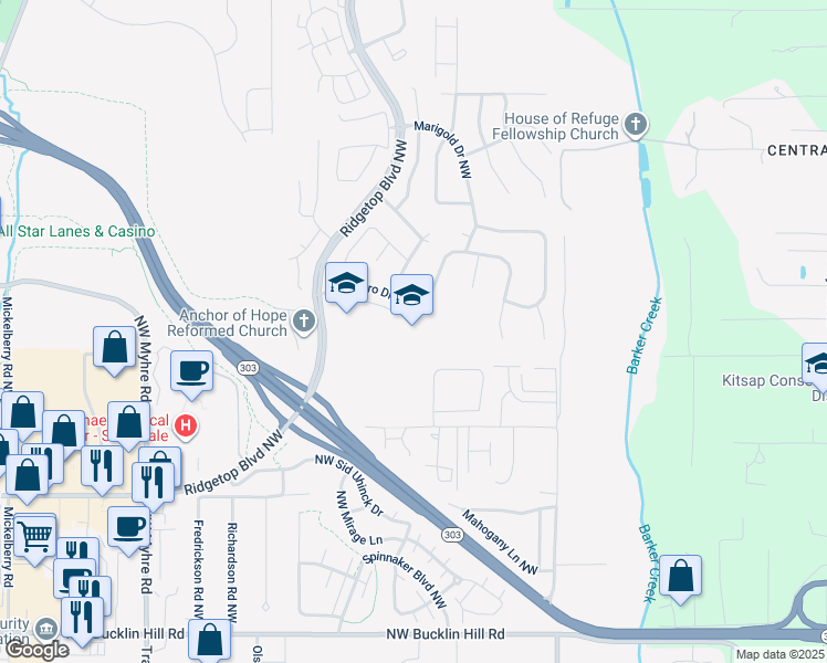 map of restaurants, bars, coffee shops, grocery stores, and more near 10622 Hillsboro Drive Northwest in Silverdale
