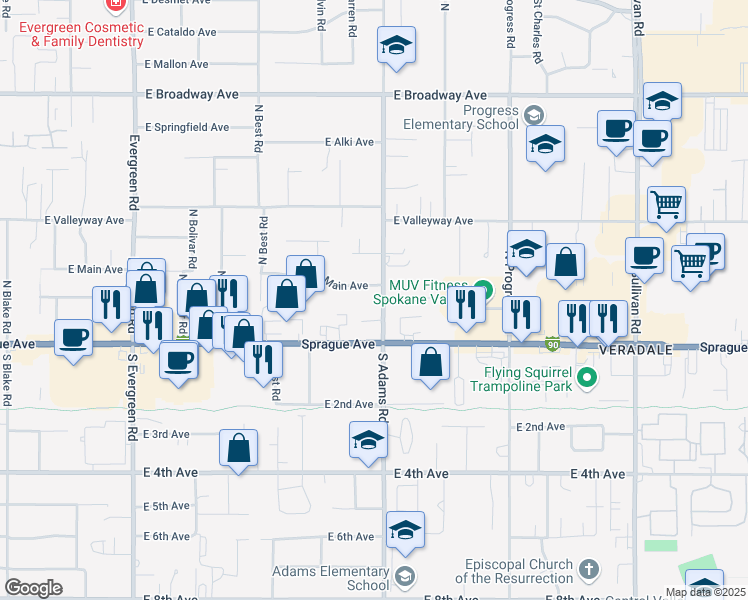 map of restaurants, bars, coffee shops, grocery stores, and more near 14603 East Riverside Avenue in Spokane Valley