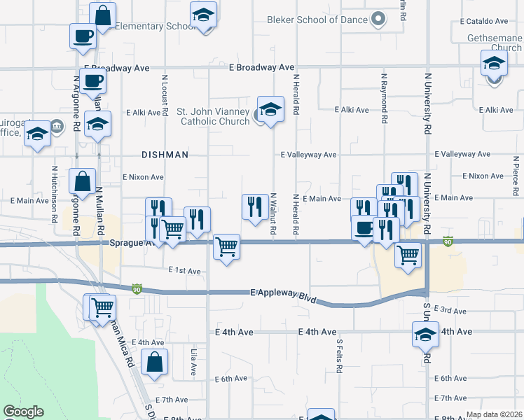 map of restaurants, bars, coffee shops, grocery stores, and more near 105 North Walnut Road in Spokane Valley