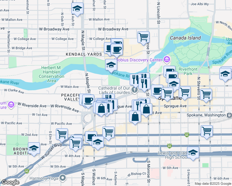 map of restaurants, bars, coffee shops, grocery stores, and more near 1221 West Riverside Avenue in Spokane