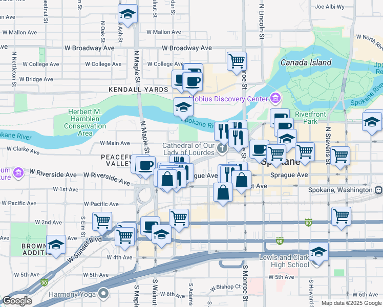 map of restaurants, bars, coffee shops, grocery stores, and more near 1221 West Riverside Avenue in Spokane