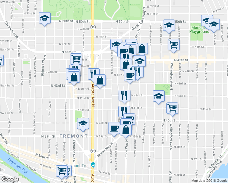 map of restaurants, bars, coffee shops, grocery stores, and more near 4142 Woodland Park Avenue North in Seattle