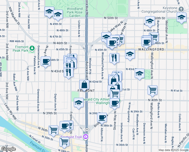 map of restaurants, bars, coffee shops, grocery stores, and more near 4207 Whitman Avenue North in Seattle