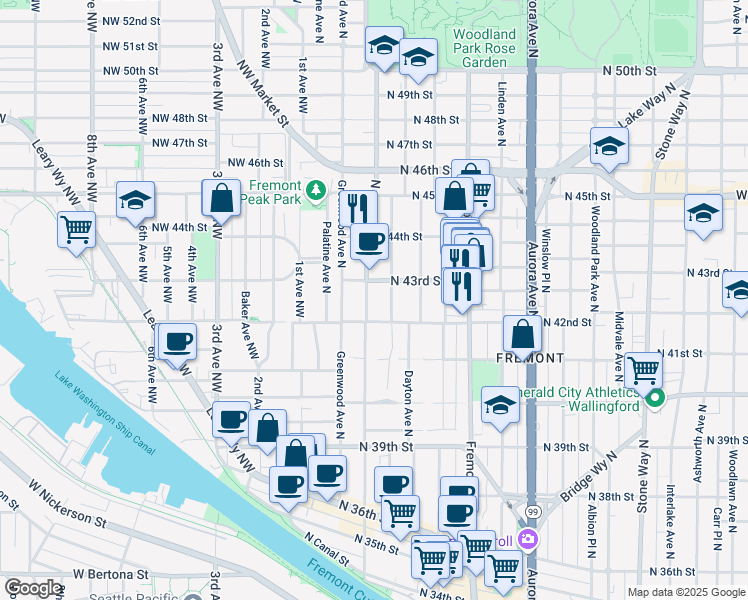 map of restaurants, bars, coffee shops, grocery stores, and more near 4205 Francis Avenue North in Seattle