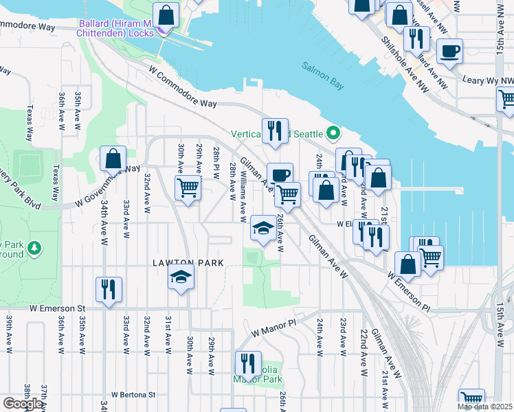 map of restaurants, bars, coffee shops, grocery stores, and more near 4210 27th Avenue West in Seattle