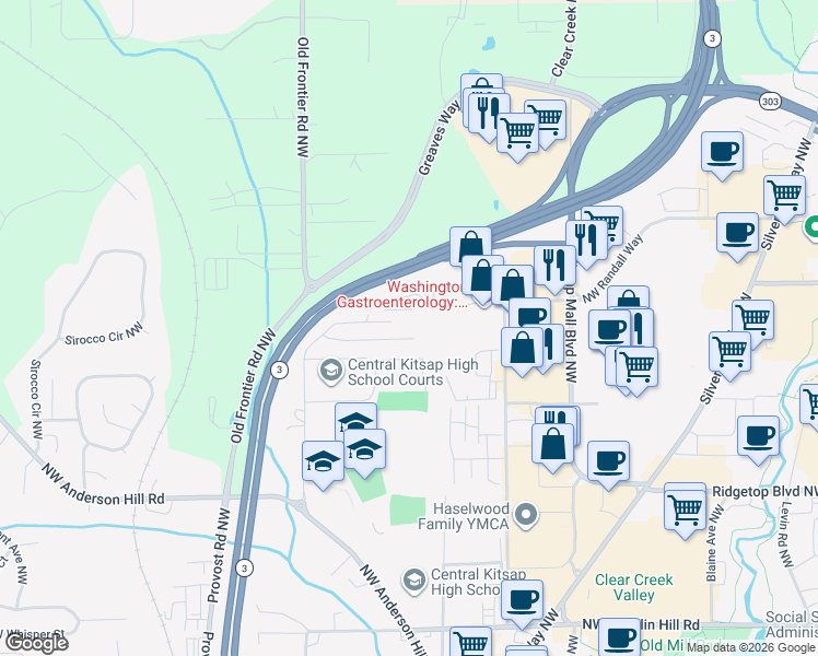 map of restaurants, bars, coffee shops, grocery stores, and more near 3729 Northwest Highland Court in Silverdale